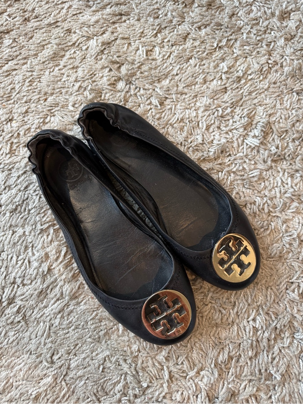 Tory Burch Black Leather Reva Ballet Flats with Gold Logo Size 8